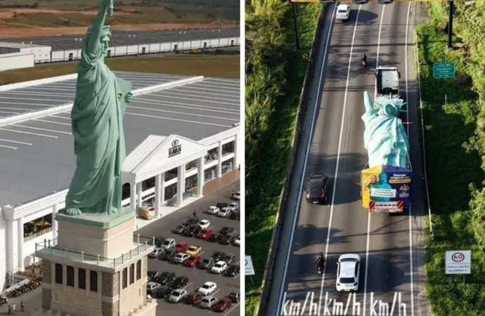 Estátua da Liberdade de 24 m e 8 t produzida em SC vai percorrer 3.992 km até Macapá
