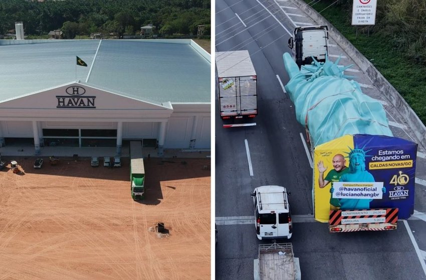 Estátua da Liberdade de 24 metros e 8 toneladas feita em SC vai percorrer 3.992 km até nova loja da Havan no Amapá
