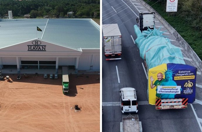 Estátua da Liberdade de 24 metros e 8 toneladas feita em SC vai percorrer 3.992 km até nova loja da Havan no Amapá
