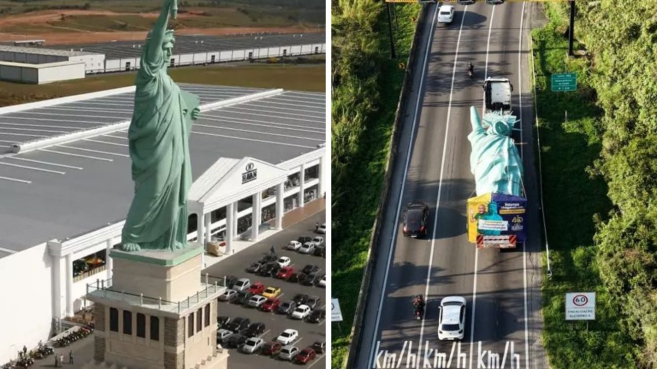 Estátua da Liberdade de 24 m e 8 t produzida em SC vai percorrer 3.992 km até Macapá