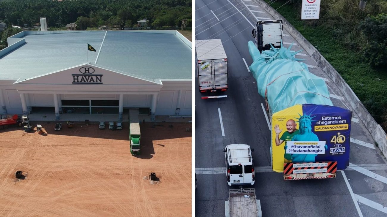 Estátua da Liberdade de 24 metros e 8 toneladas feita em SC vai percorrer 3.992 km até nova loja da Havan no Amapá